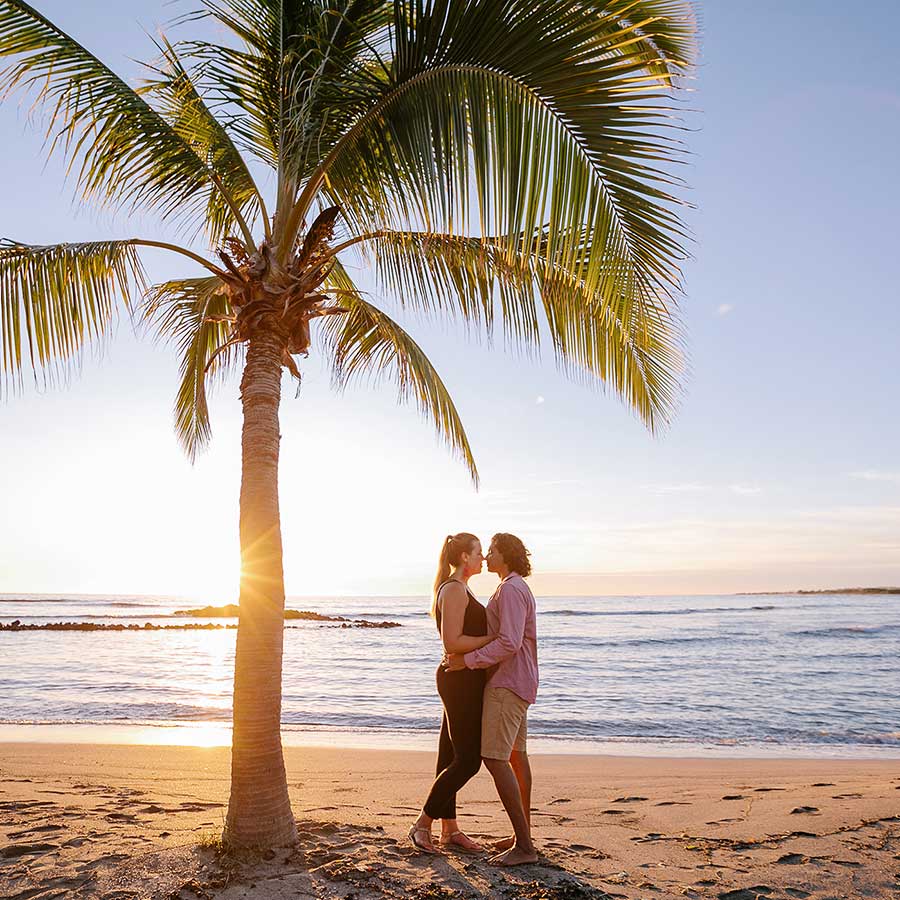 image of couple together on beach under a palm tree