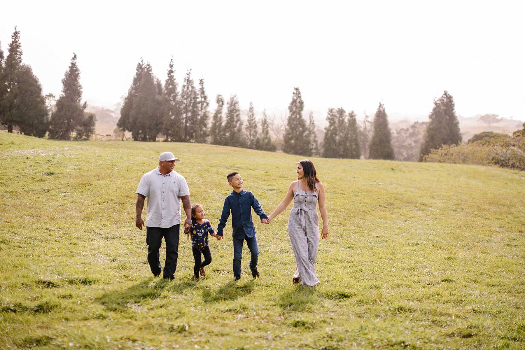 image of familyof 4 walking together in a meadow.